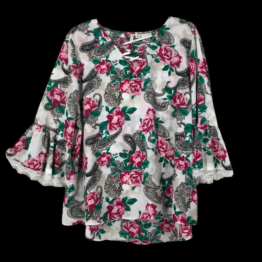 Cato Sheer Lightweight Tunic Blouse, Bell Sleeves, Floral & Paisley, Lace SZ XL